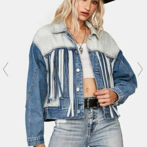 BLANKNYC Blue Jean Denim Fringe Jacket Small Bonnaroo Boho Western Cowgirl New